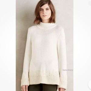Anthropologie Sleeping on Snow Ivory Mock Neck Wool Embroidered Sweater Size M
